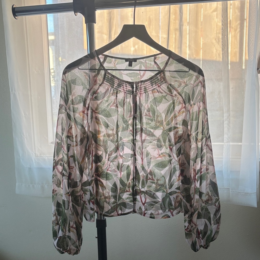Express Leaf Print Sheer Blouse - Green and Pink